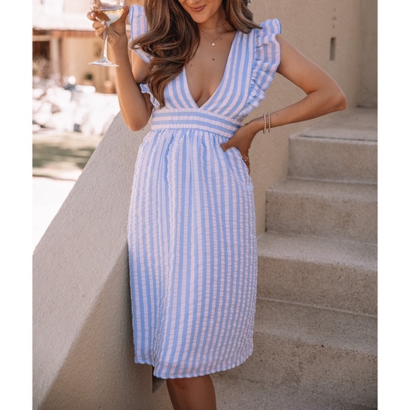 Pink Lily x Caitlin Covington Hamptons Deep V Striped Blue Midi Dress - Picture 1 of 10